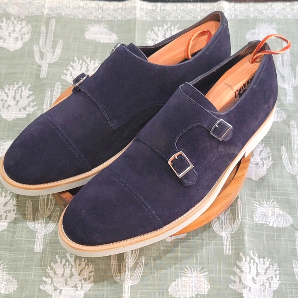 Adam Derrick, To Boot "Addison" navy blue suede double-buckle monkstrap shoe new